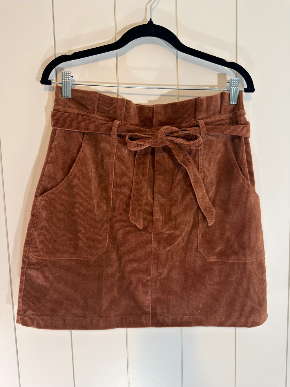 In Bloom Corduroy Tie-Waist Mini Skirt in Rust Brown
